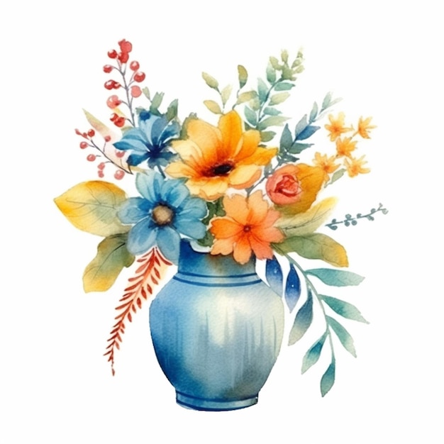 hay un jarrón azul con flores y hojas en él ai generativo