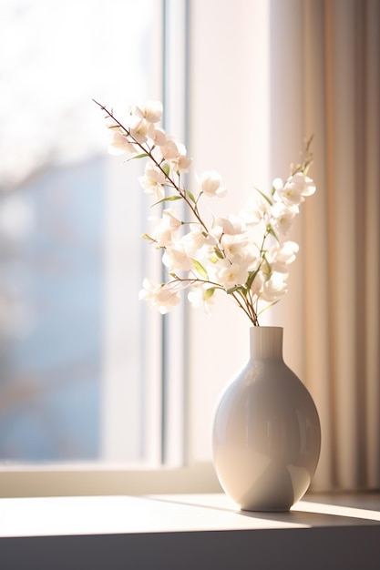 hay un jarrón blanco con flores blancas en él en un alféizar de la ventana generativo ai