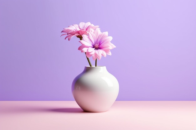 Hay un jarrón blanco con flores rosadas sobre una mesa generativa ai