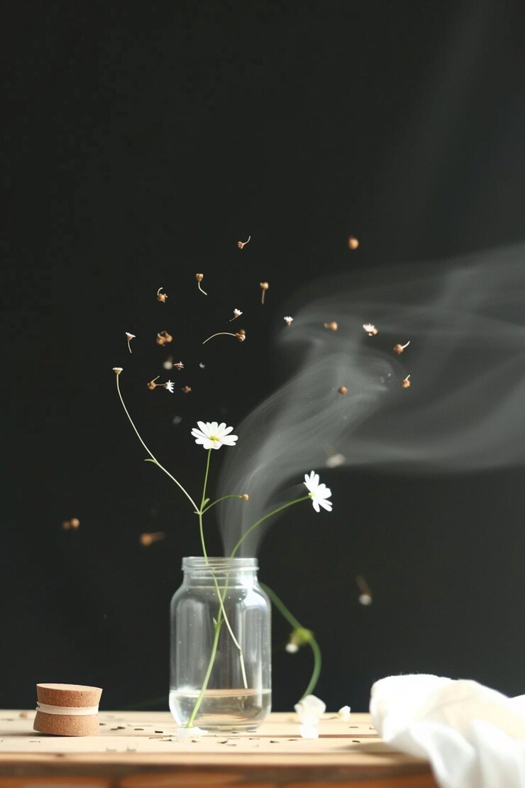 hay un jarrón con una flor y una pequeña flor blanca en ella generativo ai