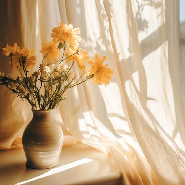 hay un jarrón con flores amarillas sentado en un alféizar de la ventana generativo ai