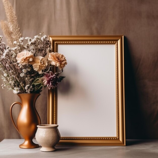 Hay un jarrón con flores y un marco de imágenes en una mesa generativa ai