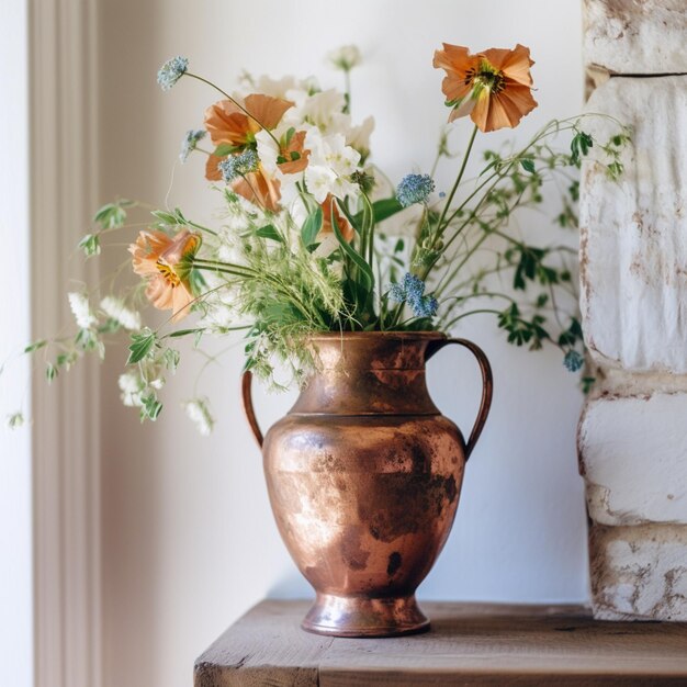 Foto hay un jarrón con flores en él en una mesa generativo ai