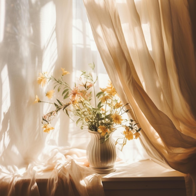 hay un jarrón con flores sentado en un alféizar de la ventana generativo ai