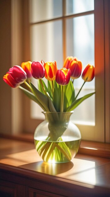 Foto hay un jarrón transparente redondo con 25 tulipanes multicolores en el alféizar de la ventana