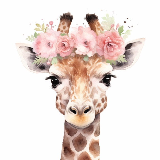 Hay una jirafa con una corona de flores en la cabeza generativa ai