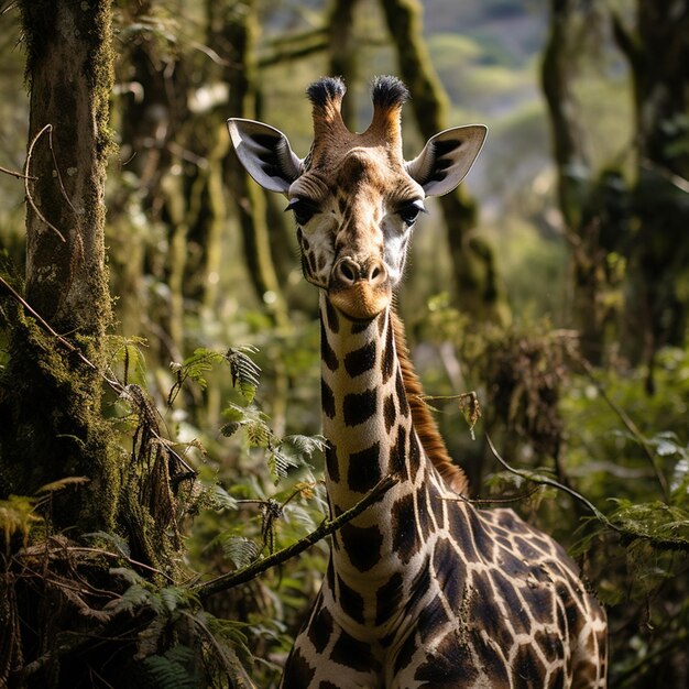 hay una jirafa de pie en el bosque mirando a la cámara generativa ai