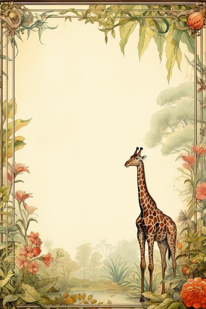 Hay una jirafa de pie en una jungla con flores y plantas generativas ai