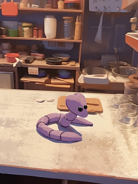 Hay un juguete morado sentado en una mesa en una cocina generativa ai