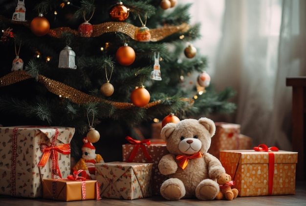 Hay juguetes bajo el árbol de Navidad decorado