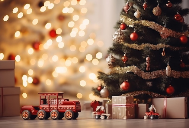 Hay juguetes bajo el árbol de Navidad decorado