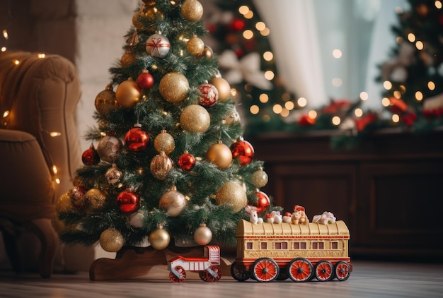 Hay juguetes bajo el árbol de Navidad decorado