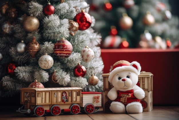 Hay juguetes bajo el árbol de Navidad decorado