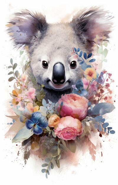 Hay un koala con flores y hojas en él generativo ai