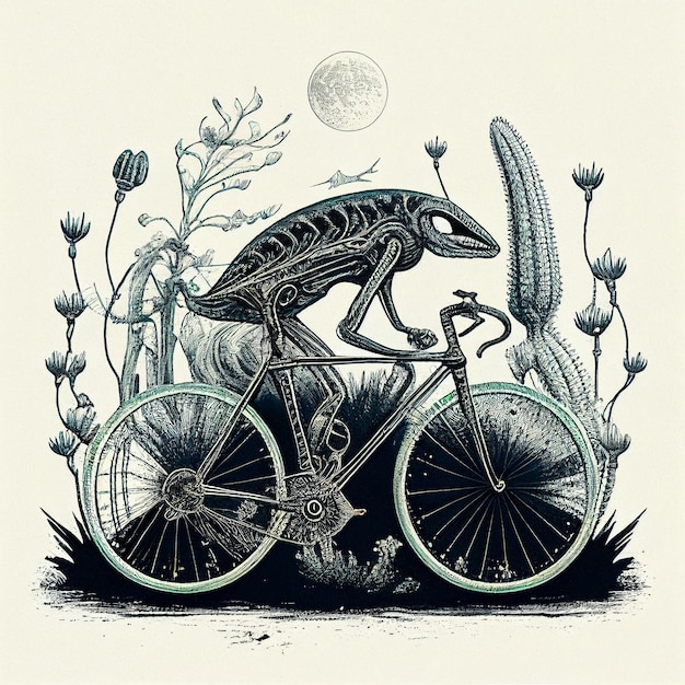 Foto hay un lagarto andando en bicicleta con un cactus al fondo ai generativa