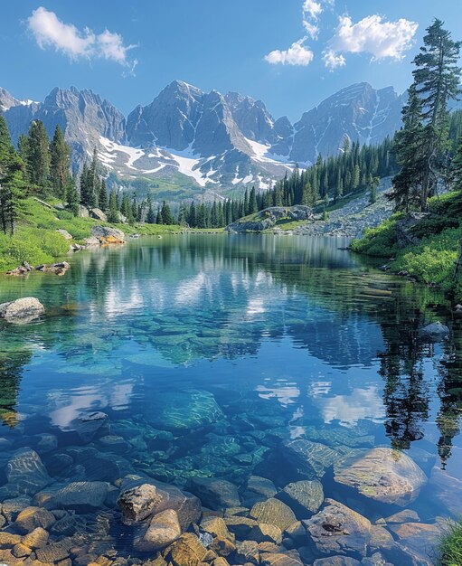 Foto hay un lago con rocas y agua en el medio de él generativo ai