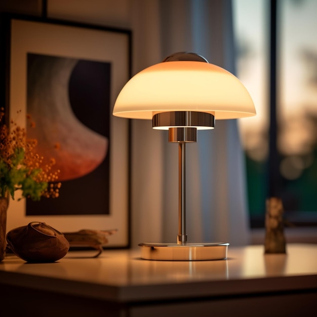 Foto hay una lampara que esta sobre una mesa en una habitacion generativa ai