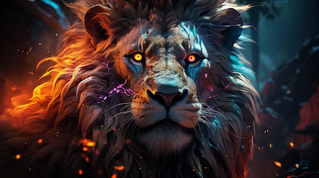 hay un león con ojos brillantes y un fuego en el fondo ai generativo