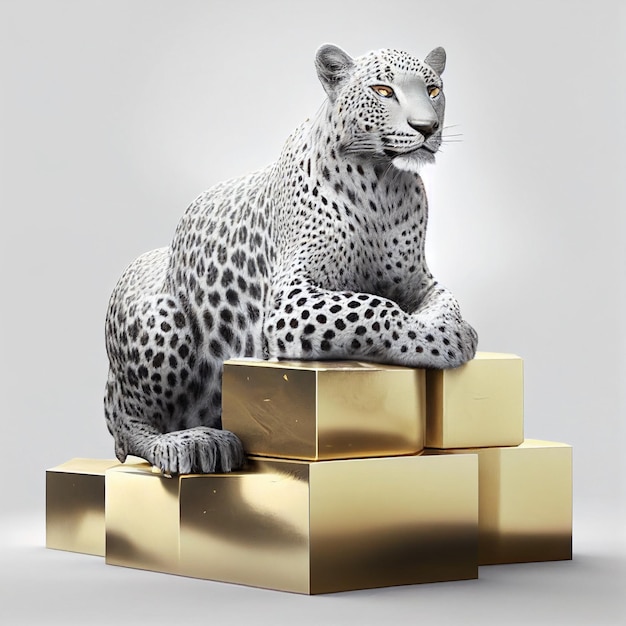 Hay un leopardo sentado encima de una caja de oro generativa ai