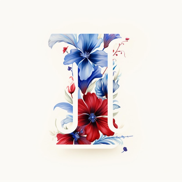 hay una letra floral j con una flor roja y azul generativa ai