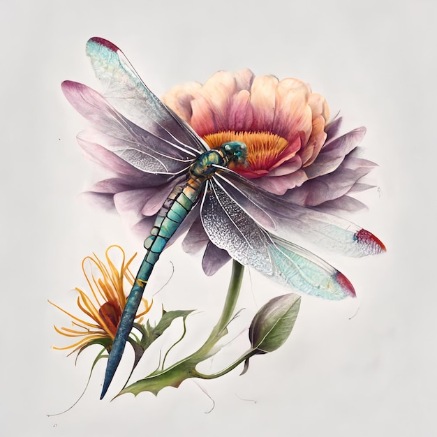 Hay una libélula sentada en una flor con un ai generativo de fondo blanco.