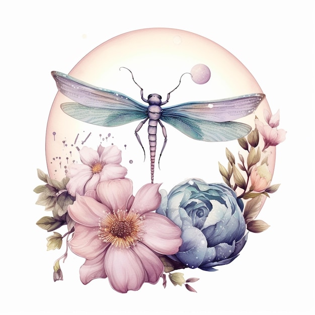 Foto hay una libélula sentada en una flor con un sol en el fondo ai generativo