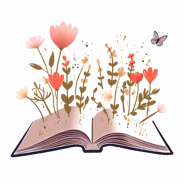 hay un libro abierto con flores y mariposas volando fuera de él generativo ai