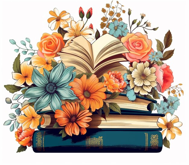 hay un libro con flores encima y un libro abajo ai generativo