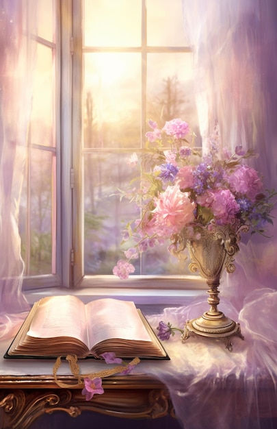 hay un libro y un jarrón de flores sobre una mesa ai generativo