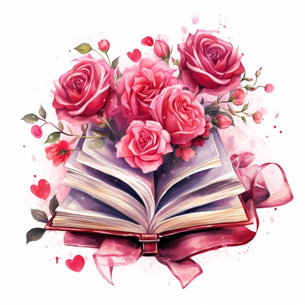 Foto hay un libro con rosas y corazones en él generativo ai