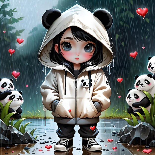 Hay un lindo panda pequeño con una cómoda sudadera con capucha de pie en la lluvia a medida que miro más de cerca me doy cuenta