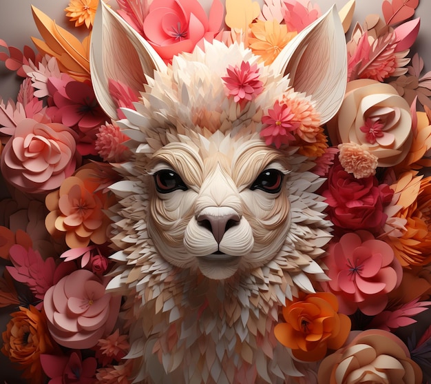 Hay una llama hecha de flores de papel y hojas generativas ai