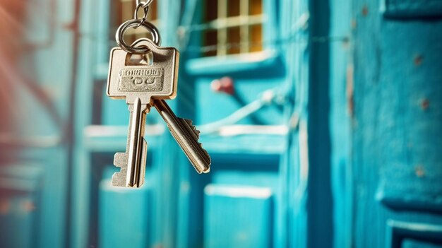 Foto hay una llave colgada de una cadena frente a una puerta azul generativa ai