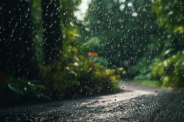 Hay una lluvia cayendo en un camino en el bosque generativo ai