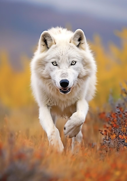 hay un lobo blanco corriendo por un campo de hierba ai generativa