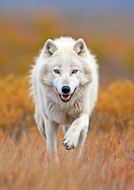 hay un lobo blanco corriendo por un campo de hierba alta ai generativa