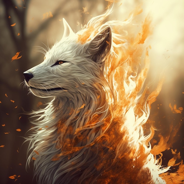 hay un lobo blanco con una melena larga y un fuego en la espalda ai generativo