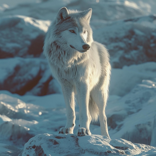 Hay un lobo blanco de pie en una roca en la nieve generativo ai