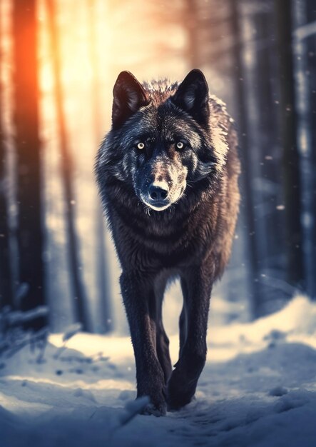 Foto hay un lobo caminando en la nieve en el bosque.