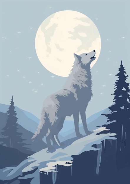 Foto hay un lobo de pie en una montaña con una luna llena en el fondo generativo ai