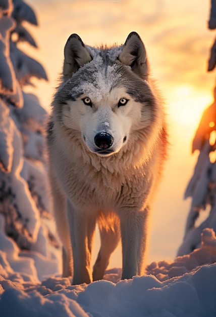 hay un lobo de pie en la nieve cerca de un árbol generativo ai