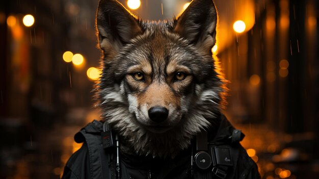 hay un lobo que está de pie en la lluvia generativa ai
