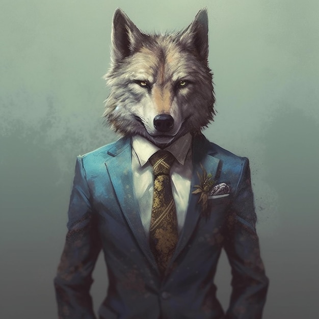Hay un lobo con traje y corbata con corbata AI Generative