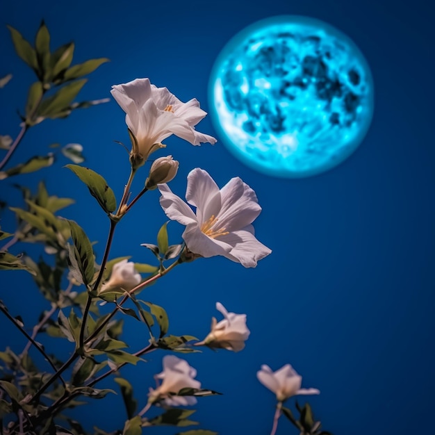 Foto hay una luna azul en el cielo detrás de un árbol generativo ai
