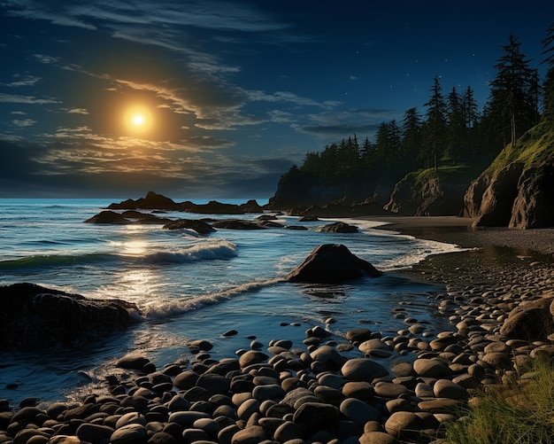 Hay una luna llena que se pone sobre el océano y las rocas generativas ai