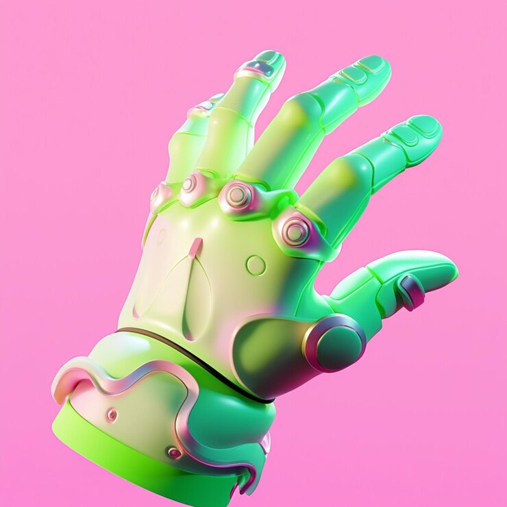 Foto hay una mano robot verde y rosa con un fondo rosa generativo ai