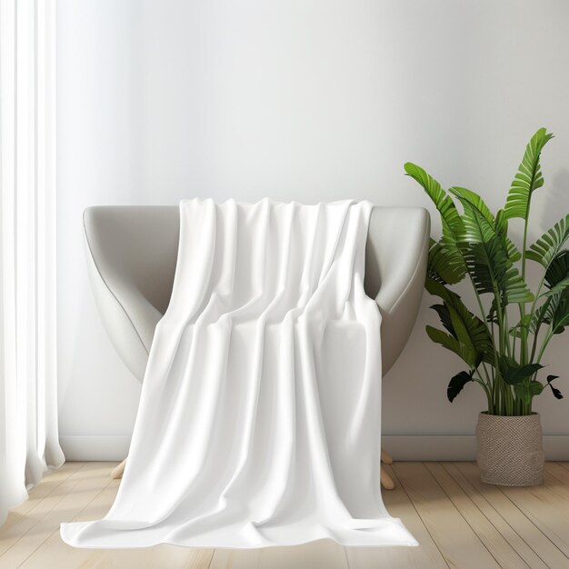 Foto hay una manta blanca en una silla al lado de una planta en maceta generativa ai