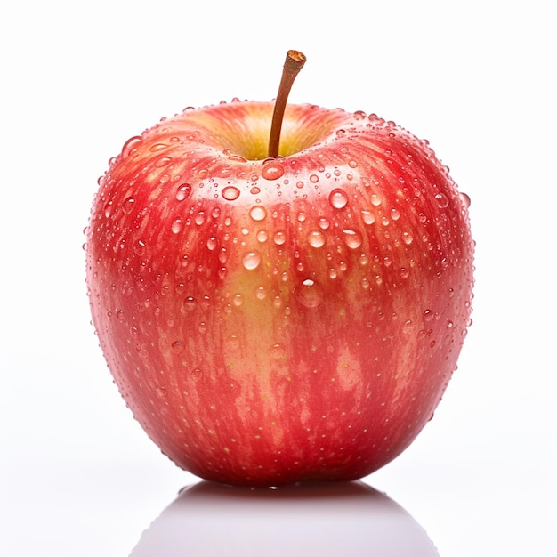 Hay una manzana roja con gotas de agua en ella.