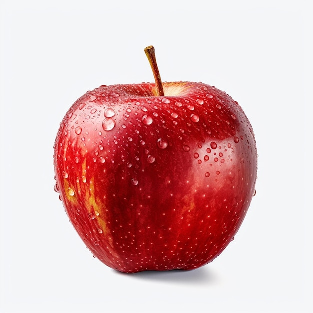 Hay una manzana roja con gotas de agua en ella.