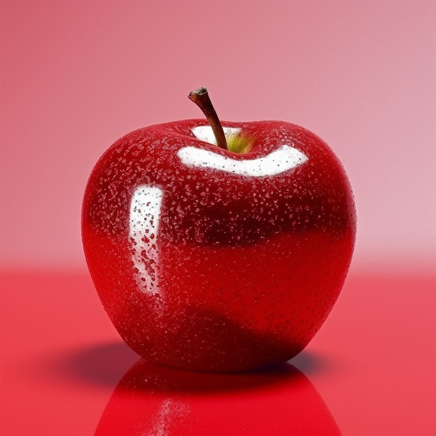 Hay una manzana roja con un tallo verde en una superficie roja generativa ai